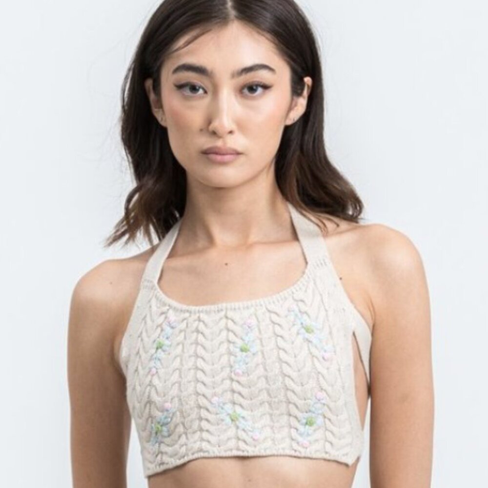 Danielle Guizio Tan Knit Floral Crop Top